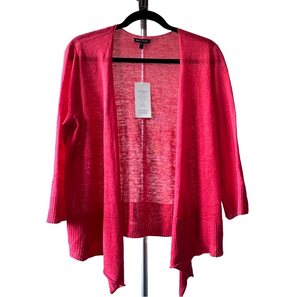 Eileen Fisher 100% Linen Drape Front Cardigan Cardi Strawberry Size L